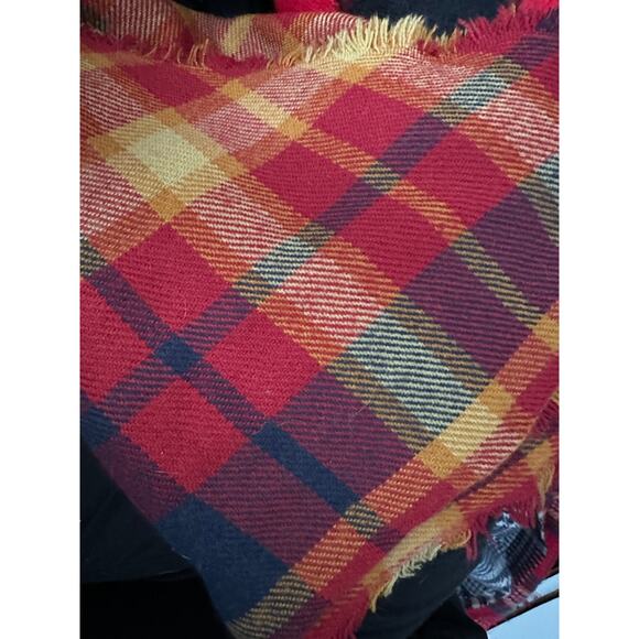 OSFM Acrylic Plaid Fringe Blanket Scarf Red Blue Yellow Orange - Picture 2 of 5